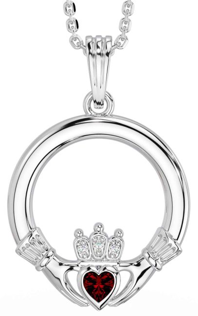 Diamond Garnet Silver Claddagh Necklace