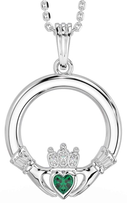 Diamond Emerald White Gold Claddagh Necklace