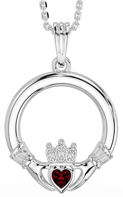 Diamond Garnet White Gold Claddagh Necklace