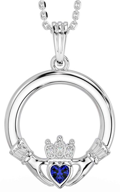 Diamond Sapphire White Gold Claddagh Necklace