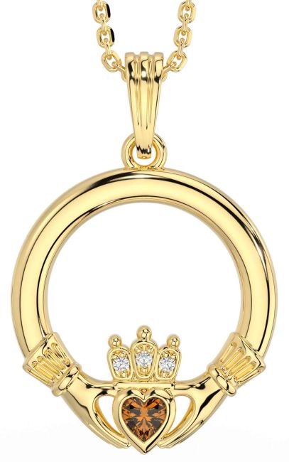 Diamond Citrine Gold Claddagh Necklace