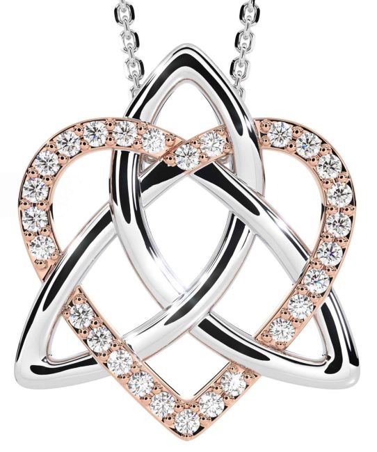 Diamond Rose Gold Silver Celtic Trinity Knot Heart Necklace