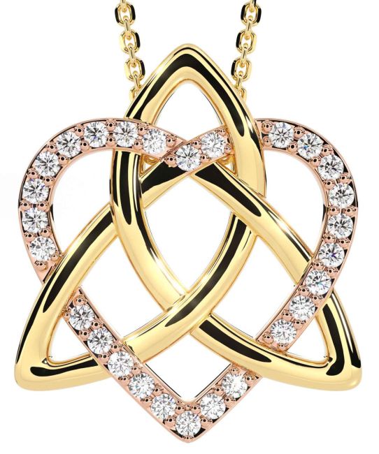 Diamond Rose Yellow Gold Celtic Trinity Knot Heart Necklace