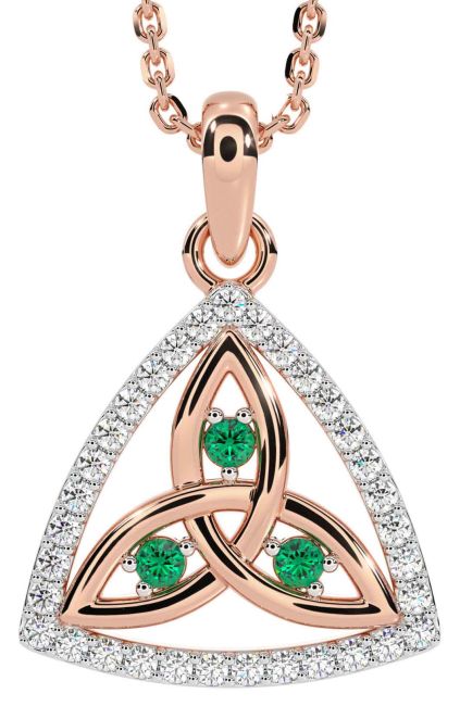 Diamond Emerald Rose Gold Celtic Trinity Knot Necklace