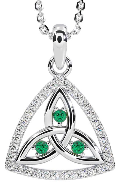 Diamond Emerald Silver Celtic Trinity Knot Necklace