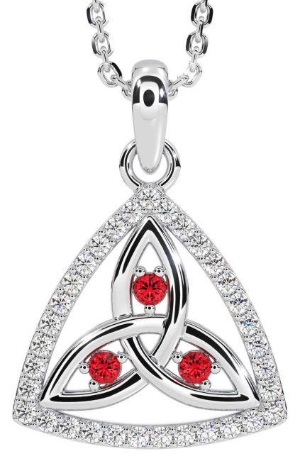Diamond Ruby Silver Celtic Trinity Knot Necklace
