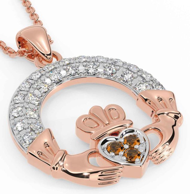 Diamond Citrine Rose Gold Silver Claddagh Necklace