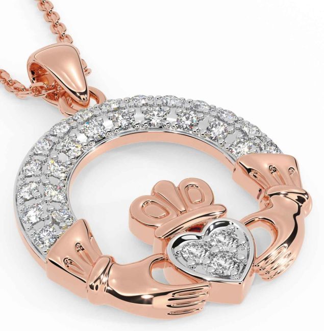 Diamond Rose Gold Silver Claddagh Necklace