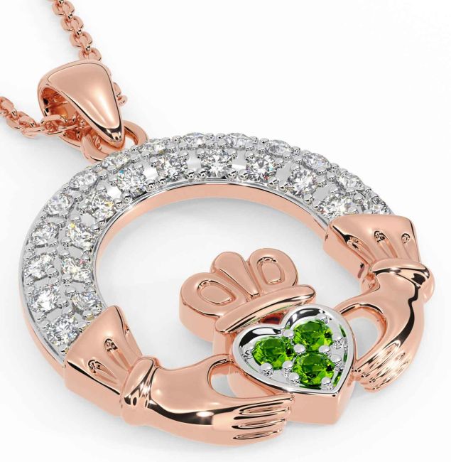 Diamond Peridot Rose Gold Silver Claddagh Necklace