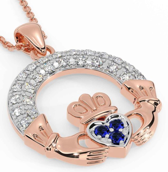 Diamond Sapphire Rose Gold Silver Claddagh Necklace