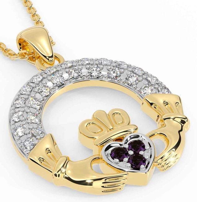 Diamond Alexandrite Gold Silver Claddagh Necklace