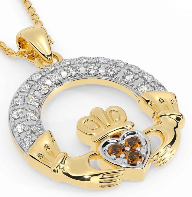 Diamond Citrine Gold Silver Claddagh Necklace