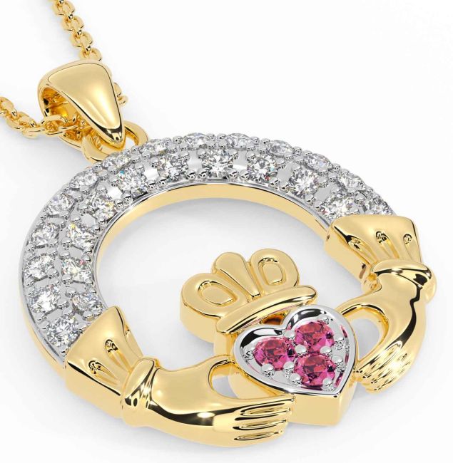 Diamond Pink Tourmaline Gold Silver Claddagh Necklace