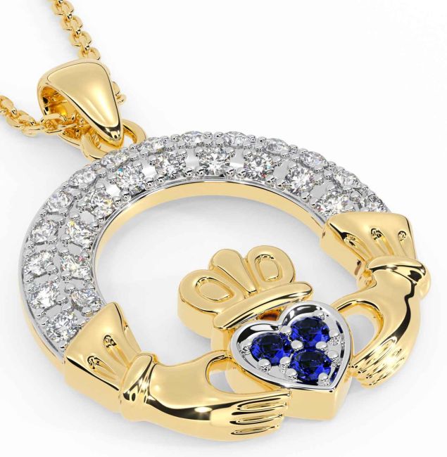 Diamond Sapphire Gold Silver Claddagh Necklace