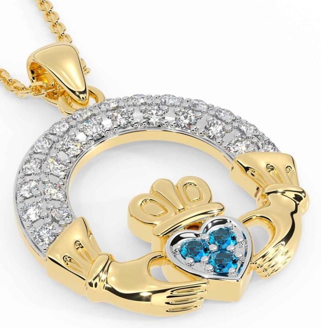 Diamond Topaz Gold Silver Claddagh Necklace