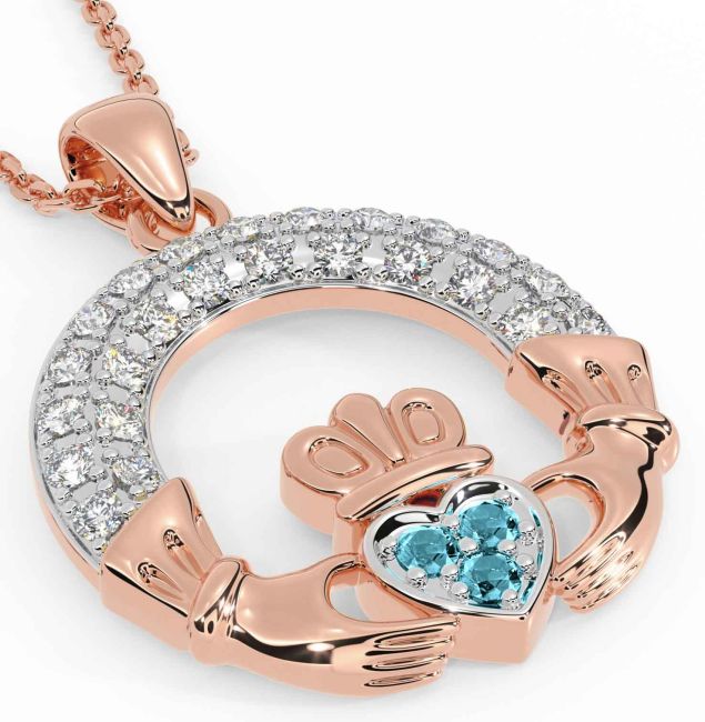 Diamond Aquamarine Rose Gold Claddagh Necklace