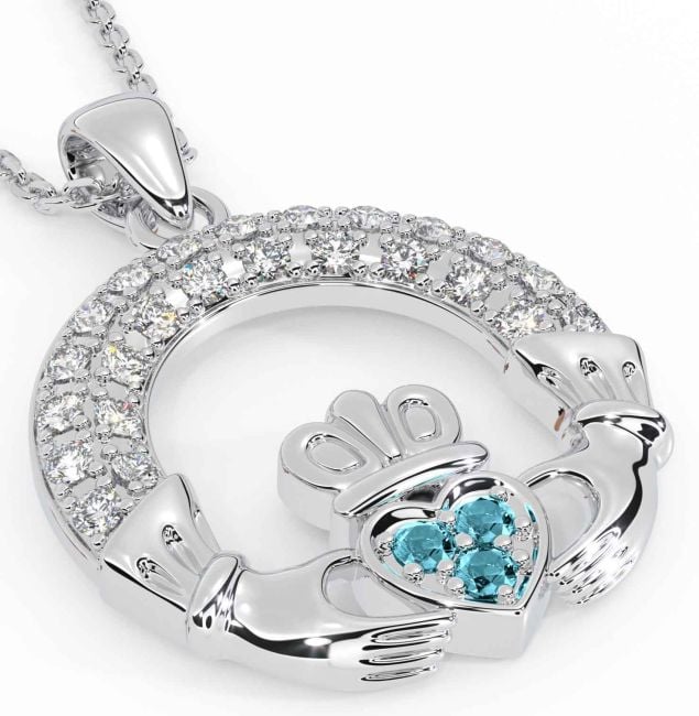 Diamond Aquamarine Silver Claddagh Necklace