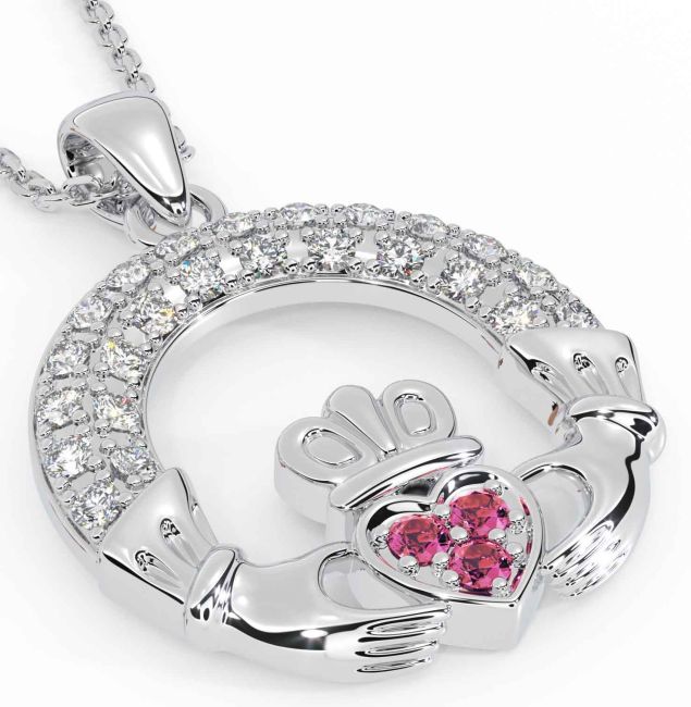 Diamond Pink Tourmaline Silver Claddagh Necklace