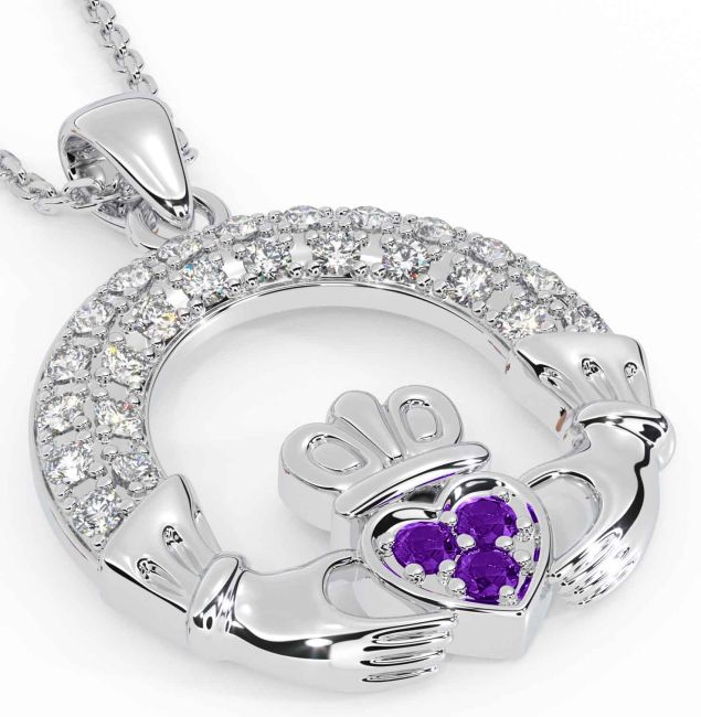 Diamond Amethyst White Gold Claddagh Necklace