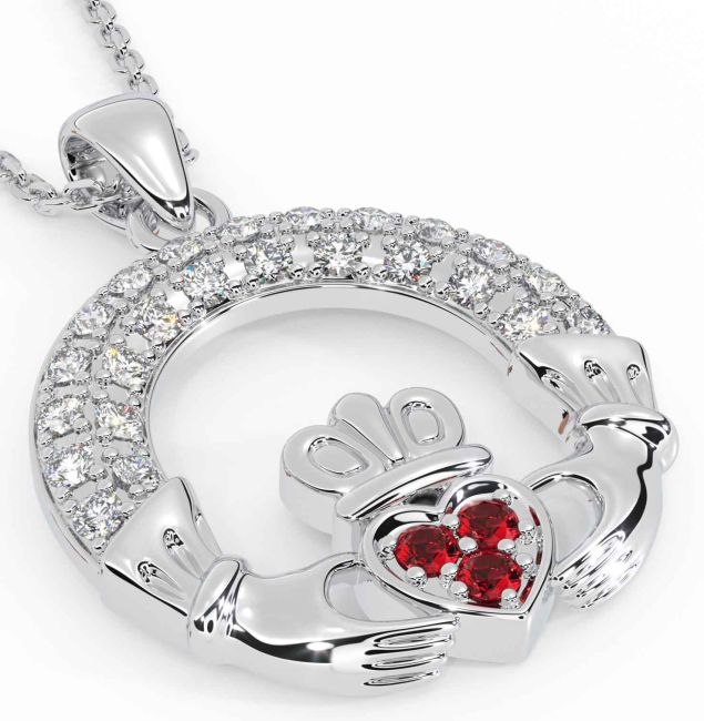 Diamond Ruby White Gold Claddagh Necklace