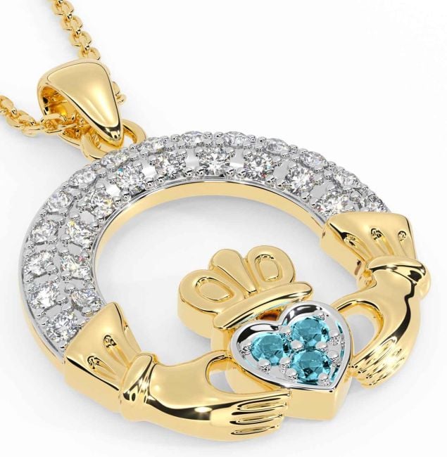 Diamond Aquamarine Gold Claddagh Necklace