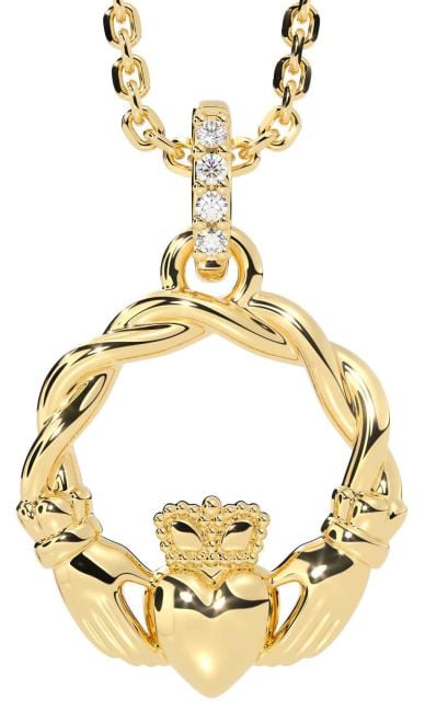 Diamond Gold Silver Celtic Claddagh Necklace