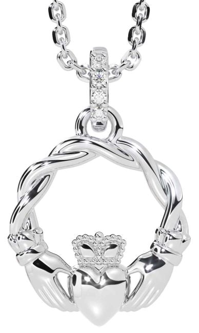Diamond Silver Celtic Claddagh Necklace