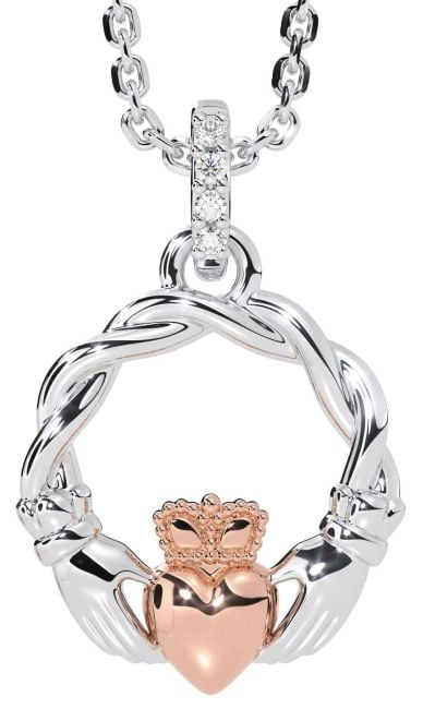 Diamond Rose Gold Silver Celtic Claddagh Necklace