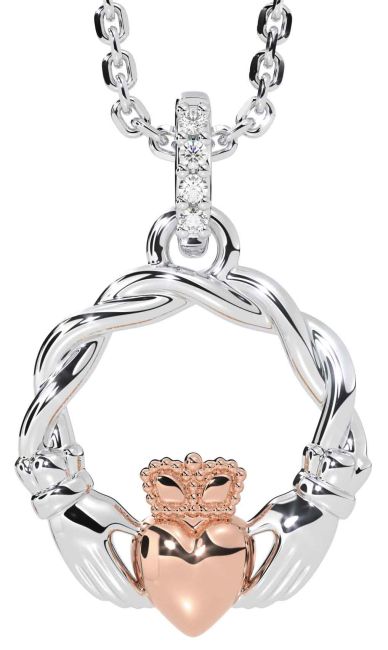 Diamond White Rose Gold Celtic Claddagh Necklace