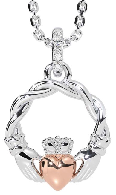 Diamond Rose Gold Silver Celtic Claddagh Necklace