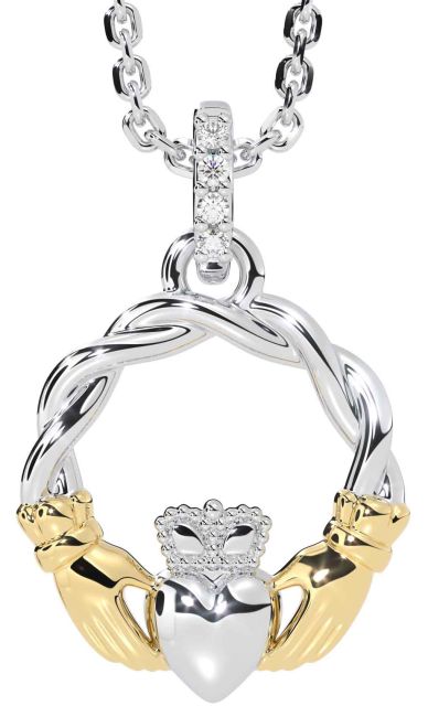 Diamond Gold Silver Celtic Claddagh Necklace