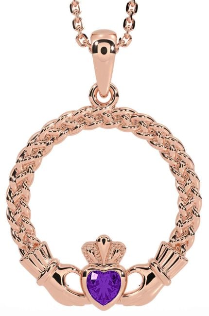 Amethyst Rose Gold Silver Celtic Claddagh Necklace