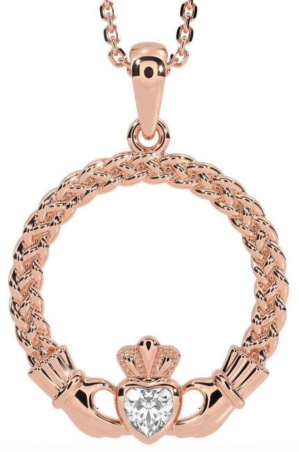 Diamond Rose Gold Silver Celtic Claddagh Necklace