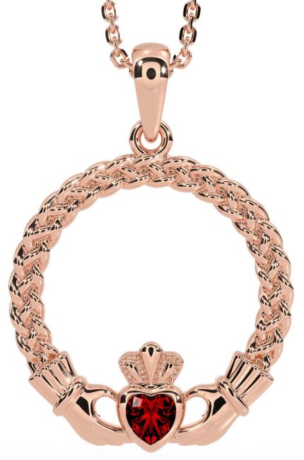 Garnet Rose Gold Silver Celtic Claddagh Necklace