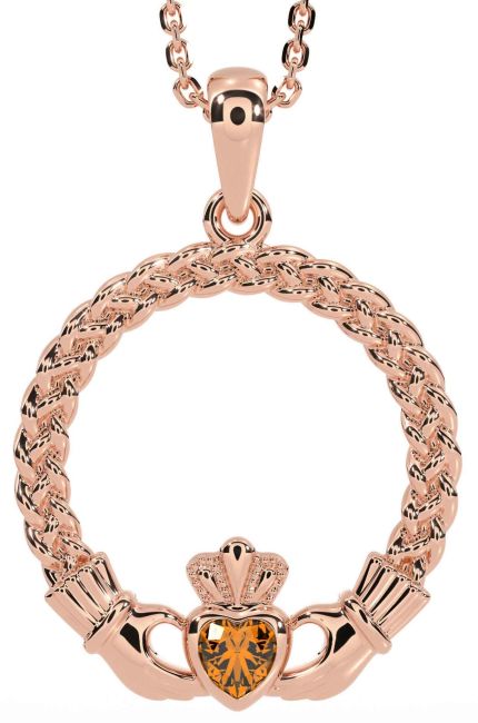 Citrine Rose Gold Celtic Claddagh Necklace