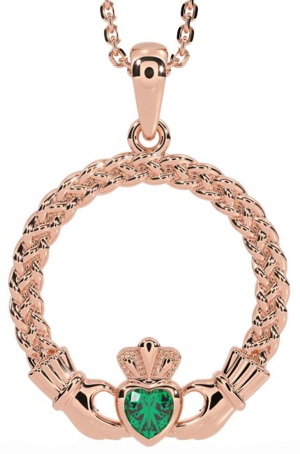 Emerald Rose Gold Celtic Claddagh Necklace
