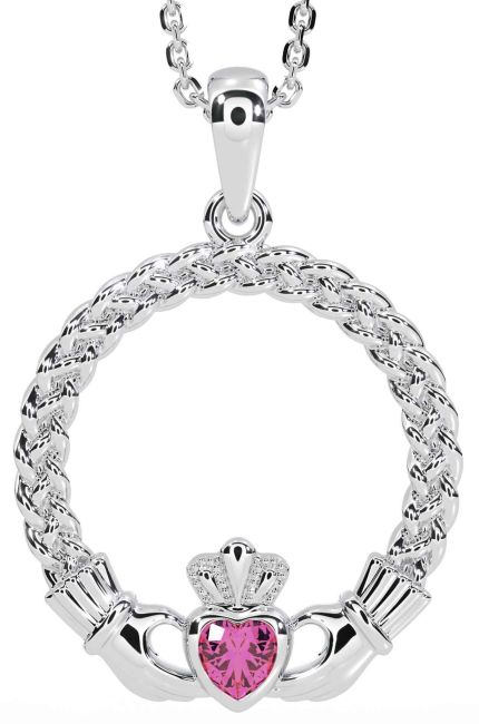 Pink Tourmaline Silver Celtic Claddagh Necklace