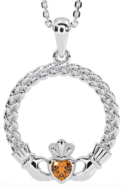 Citrine White Gold Celtic Claddagh Necklace