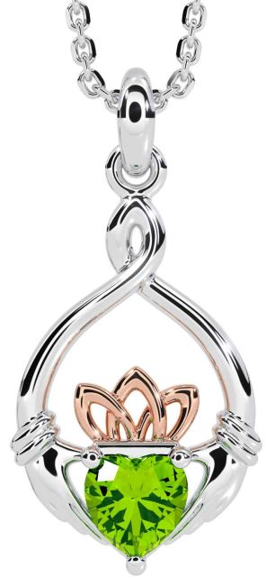 Peridot Rose Gold Silver Claddagh Necklace