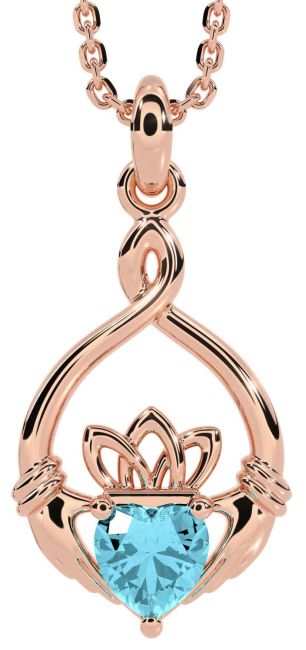 Aquamarine Rose Gold Silver Claddagh Necklace