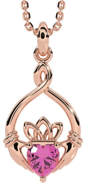 Pink Tourmaline Rose Gold Silver Claddagh Necklace