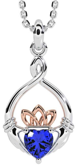 Sapphire Rose Gold Silver Claddagh Necklace