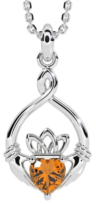 Citrine White Gold Claddagh Necklace