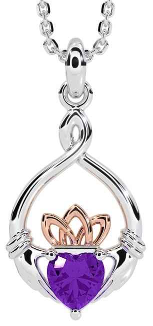 Amethyst White Rose Gold Claddagh Necklace