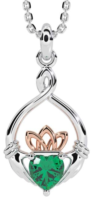 Emerald White Rose Gold Claddagh Necklace