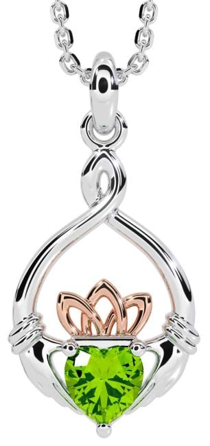 Peridot White Rose Gold Claddagh Necklace