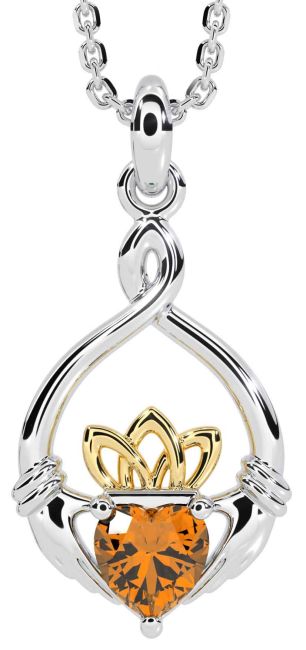 Citrine White Yellow Gold Claddagh Necklace