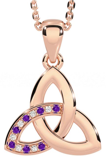 Diamond Amethyst Rose Gold Celtic Trinity Knot Necklace