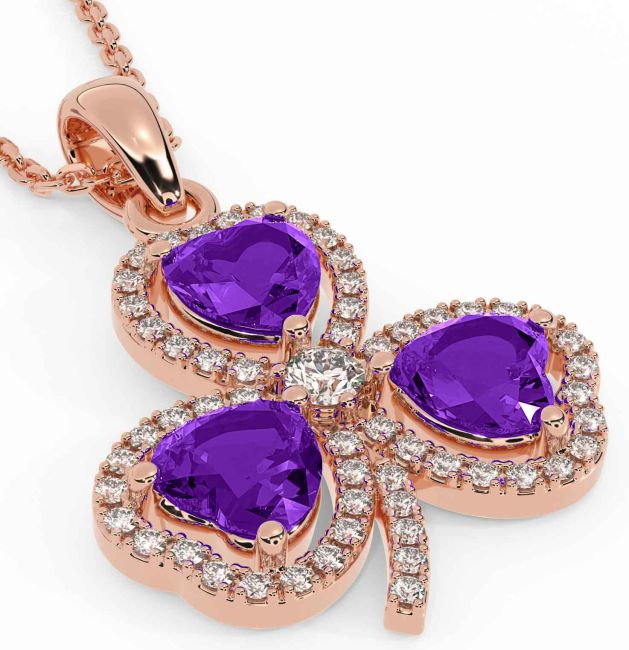 Diamond Amethyst Rose Gold Silver Shamrock Necklace