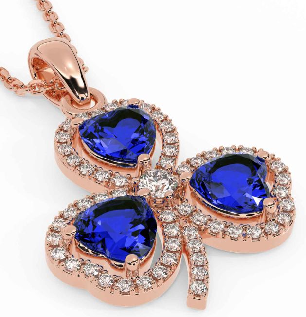 Diamond Sapphire Rose Gold Silver Shamrock Necklace